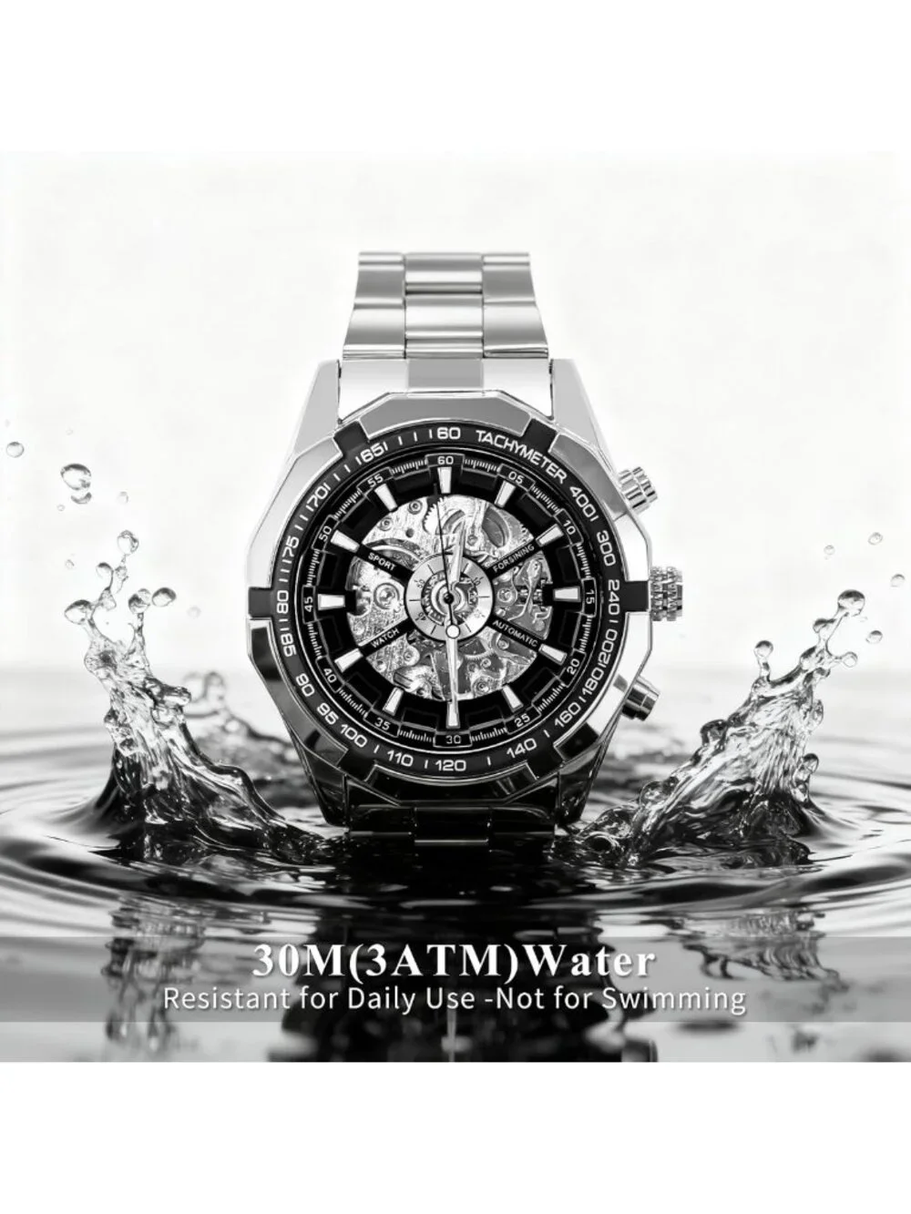 Stylish Mechanical Skeleton Watch for Men, Waterproof Stainless Steel, Luxury